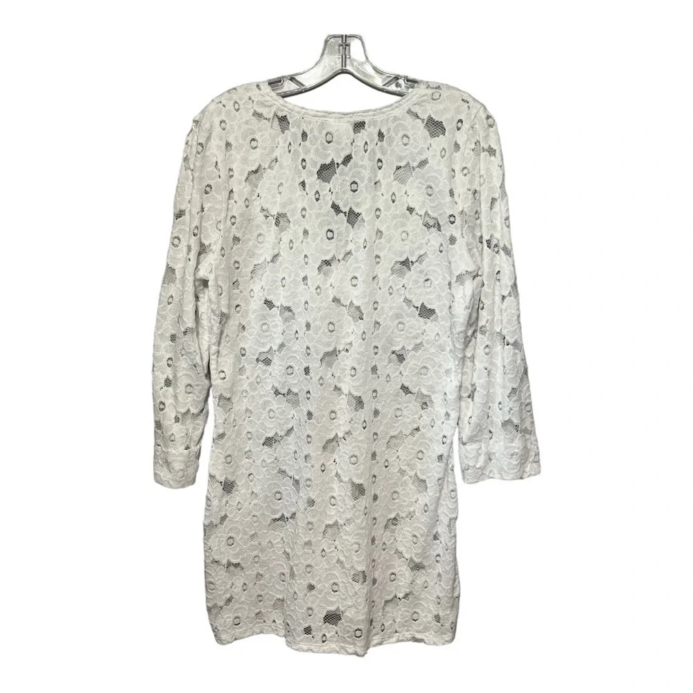 Dotti White Crochet Lace Swimsuit Cover-Up Long Sleeve V-Neck Tunic Top Medium